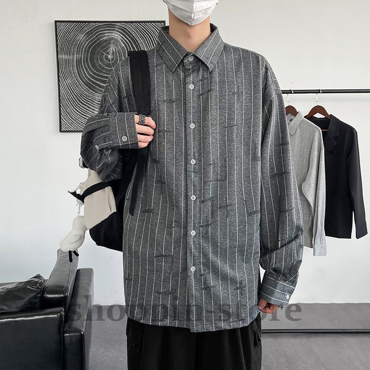 シャツ メンズ ストライプ柄 カジュアルシャツ トップス 長袖 異素材 夏 春 秋 