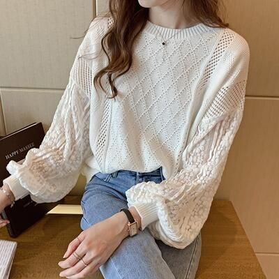 トップス レディース ニット きれいめ レース カジュアル 抜け感 エレシンプル カットソー おしゃれ パフスリーブ 長袖 ナチュラル 可愛い フェミニン 
