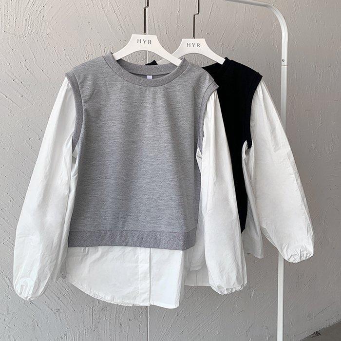 長袖シャツ レディース トップス ブラウス クルーネック 切り替え 薄手 カジュアル Tシャツ シンプル ゆったり 