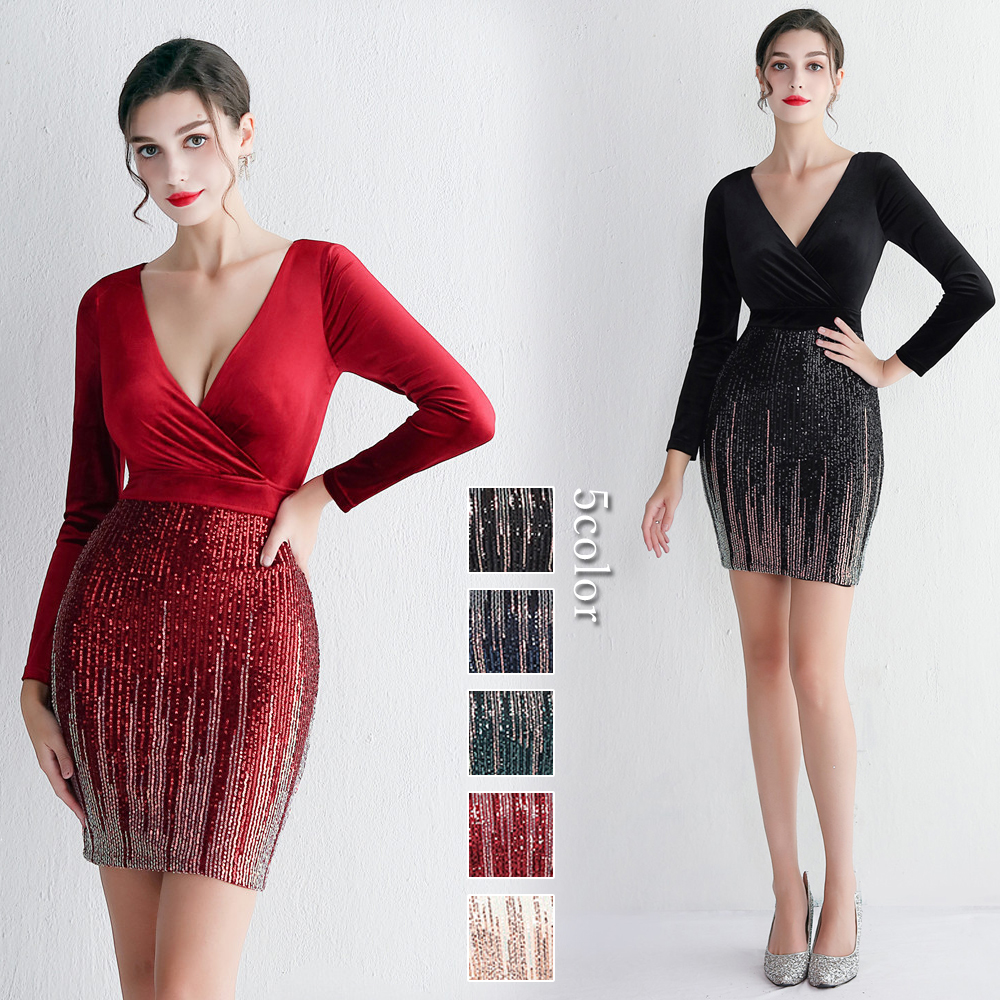 カラードレス ミニドレス 長袖 パーティードレス 結婚式 二次会 ワンピース ミディアムドレス 演奏会 フォーマルドレス 演出 発表会 スパンファスナー 