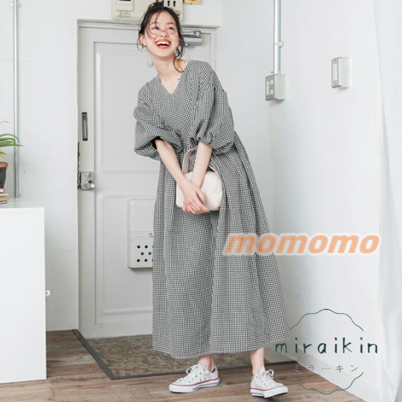 ワンピース レディース 春 夏 ロングワンピース 半袖 ゆったり大人 Aラインワンピース フリル ボリューム 五分袖 Vネック ギャザー チェック柄 パフスリーブ 