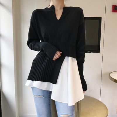 レイヤード風 ドッキング ニット セーター トップス 異素材ミックス かっこいい 黒 カジュアル アシンメトキーネック レディース ブラック 大きいサイズ 