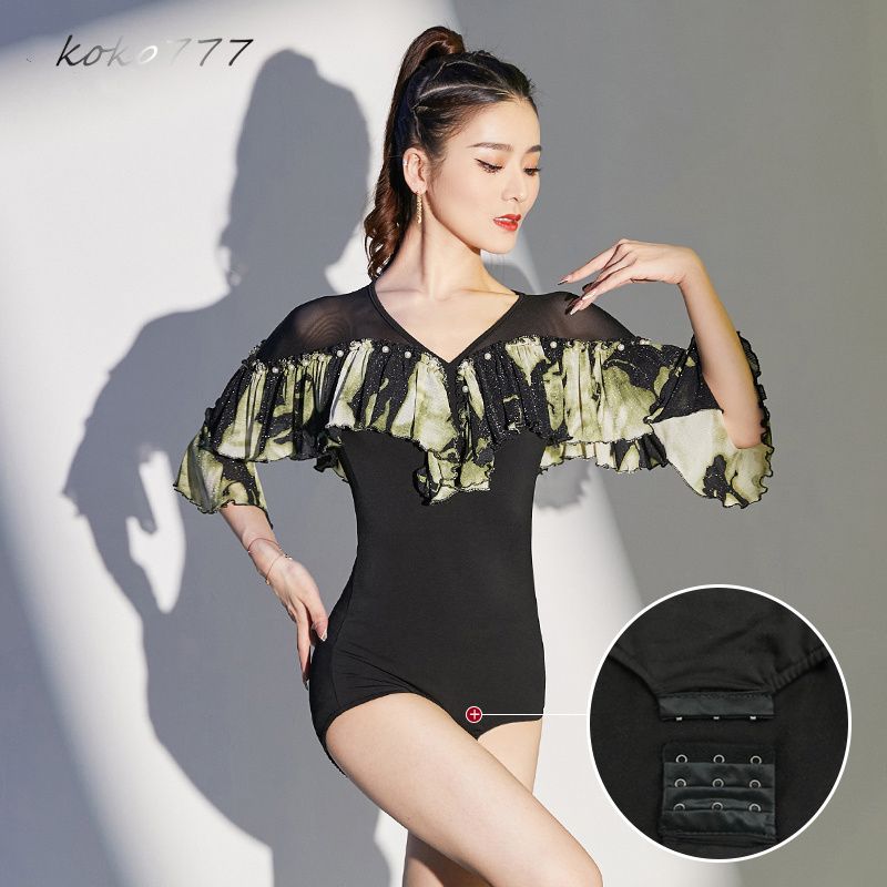 Tシャツ レディース レオタード 上衣 Vネック ラテンダンス 練習着 フリル 学園祭 舞台衣装 部活公演 トップス モダンダンス 発表会 ロンパース 女子服 ウェア 