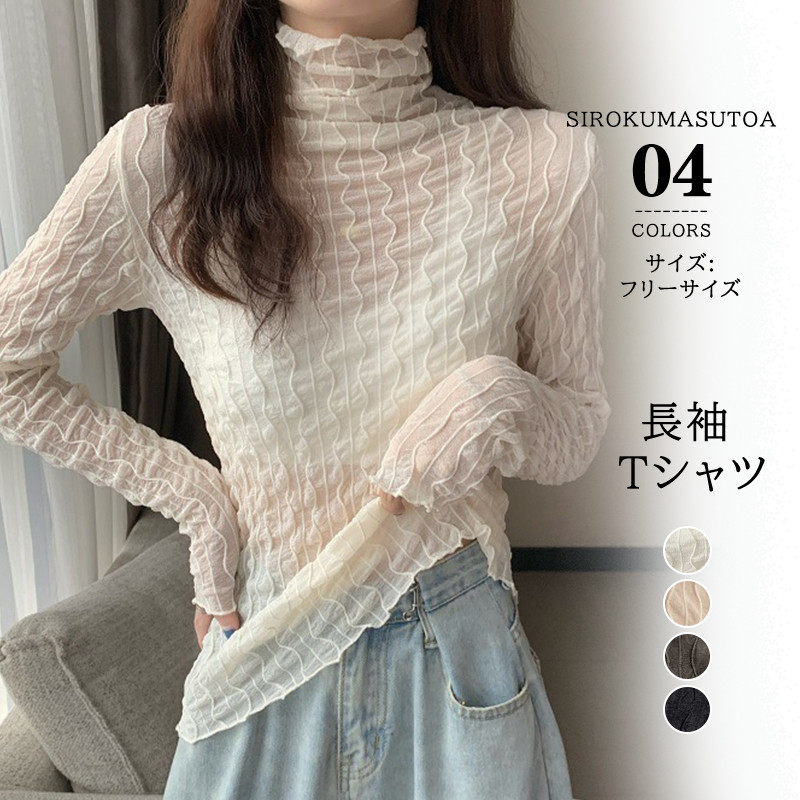 Tシャツ レディース 長袖 カットソー シースルー ハイネック 通勤 無地 きれいめ 日常 冬 細身 秋 女性用 インナー シアートップス 普段着 