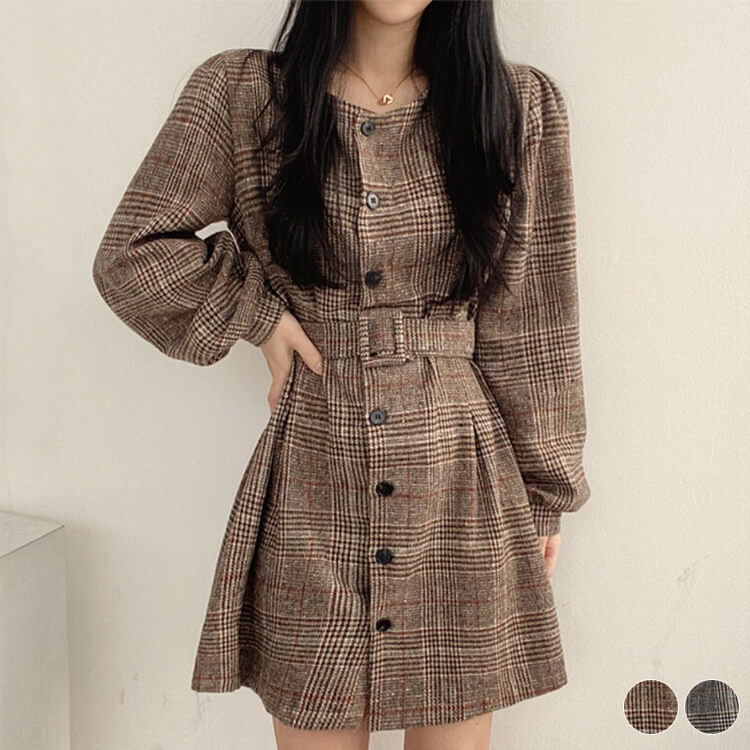 ワンピース レディース ミニ 長袖 韓国 チェック柄 ショート丈 レトロ グレンチェック シック ウエストマーク パフスリーブ ミニワンピース 