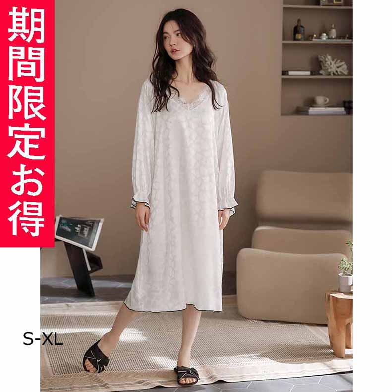 ワンピース パジャマ 長袖 ルームウェア ネグリジェ春秋レースVネック レディース M Tシャツ 無地 L 