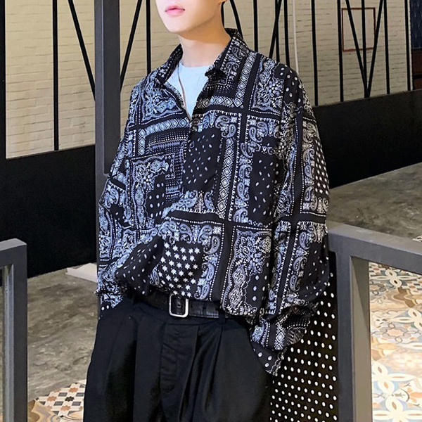 あり 柄シャツ ペイズ柄 バンダナ柄 長袖シャツ 黒 シャツ 春服秋服 ブラック 大きいサイズ ダンス トップス 韓国ファッション ヒップホップ 個性的 