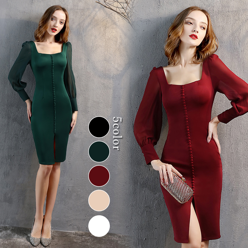 カラードレス ミニドレス パーティードレス 結婚式 二次会 発表会 ワンピース ファスナー ブライダル 食事会 フォーマルドレス サテン 演奏会 ロングスリーブ 