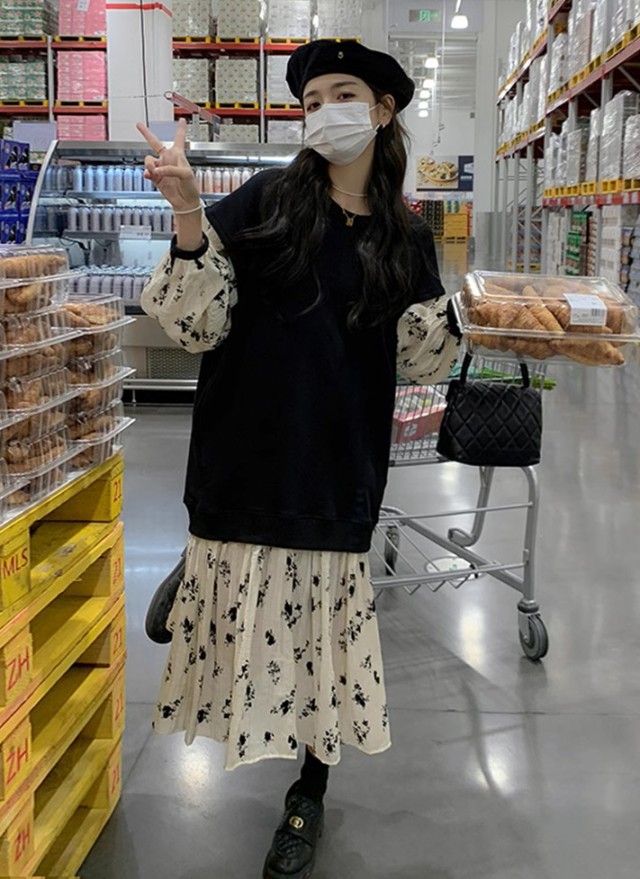 レイヤード風ワンピース レディース ワンピース 長袖 ロング 花柄 大きいサイズ ベスト フ重ね着風ワンピース ニット 秋冬 3L 韓国 ファッション 
