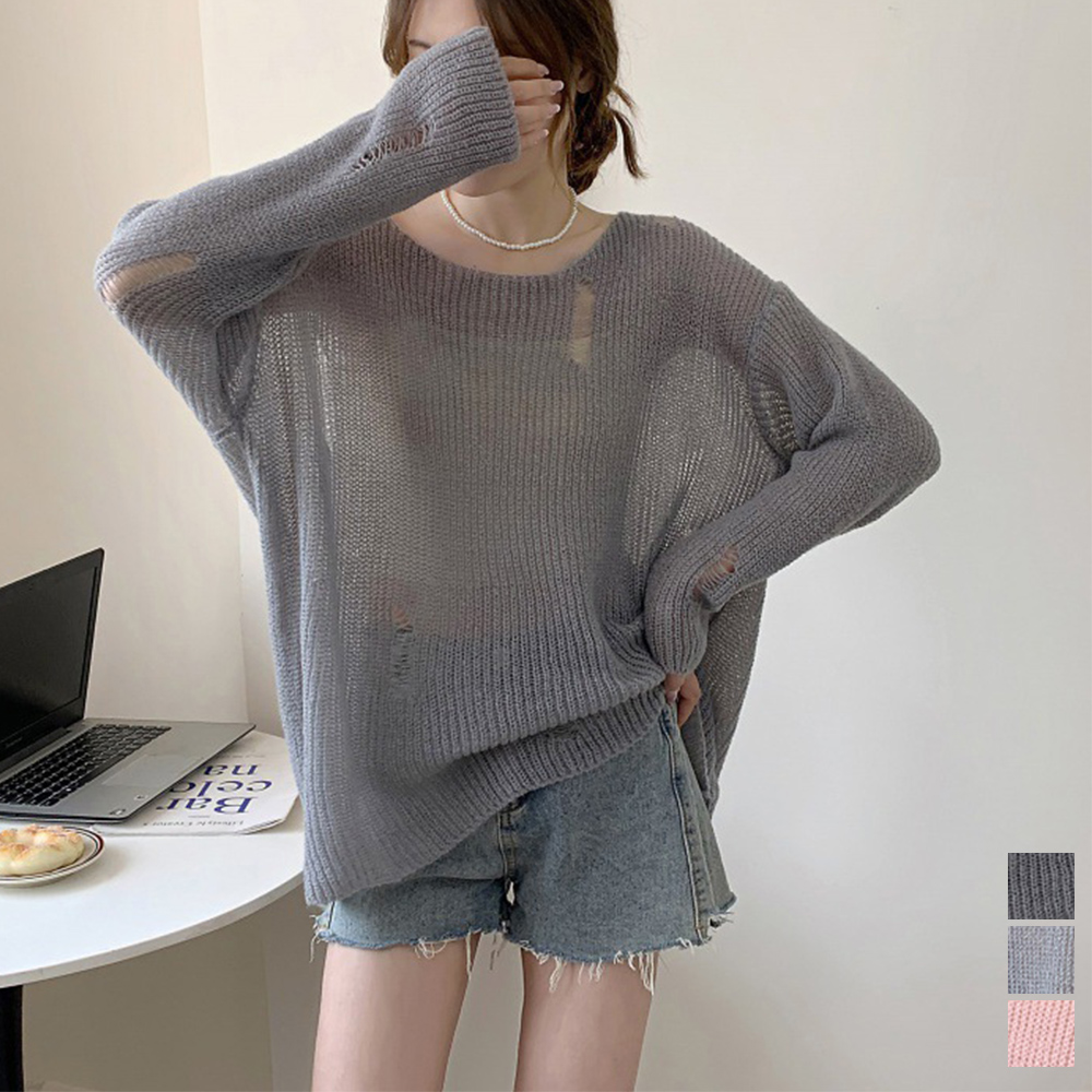 ニットトップス ダメージ入り ゆったり 。可  