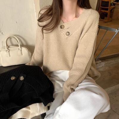 ニット セーター トップス Vネック レディース カジュアル 春 秋 ドロップショルダー おしゃれ 可愛い ベージュ きれいめ ローゲージニット 黒 カーキ ブラック 