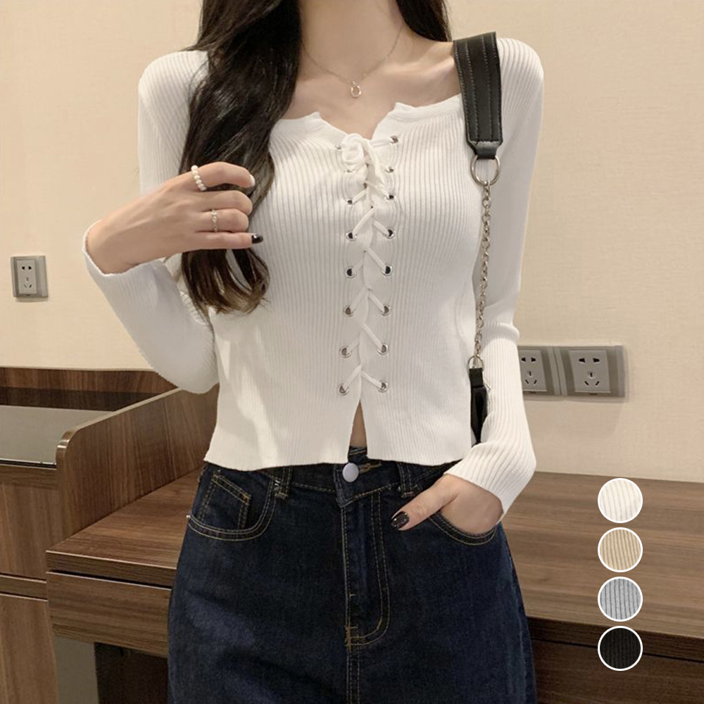 ニットトップス フロントレースアップ秋服 。可  