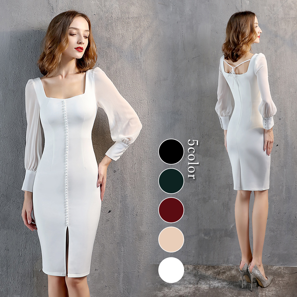 カラードレス ミニドレス パーティードレス 結婚式 二次会 発表会 前撮り ウェディングドレス ファスナー サテン フォーマルドレス ホワイト 演奏会 演出 長袖 