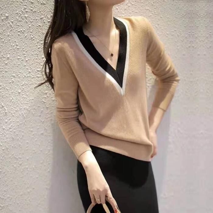 トップス ニット Vネック セーター 長袖 マルチ配色 大人可愛い きれいめ シンプル 通勤 ベーシック レディース カジュアル おしゃれ フェミニン 