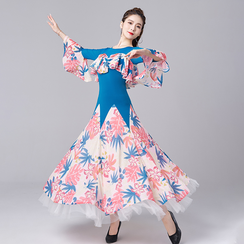 ロングドレス レディース ワンピース ラテンダンス 社交ダンス フリル 舞台衣装 公演 パーティー 洋服 花柄 ワルツ イベント服 ナショナルダンス 発表会 