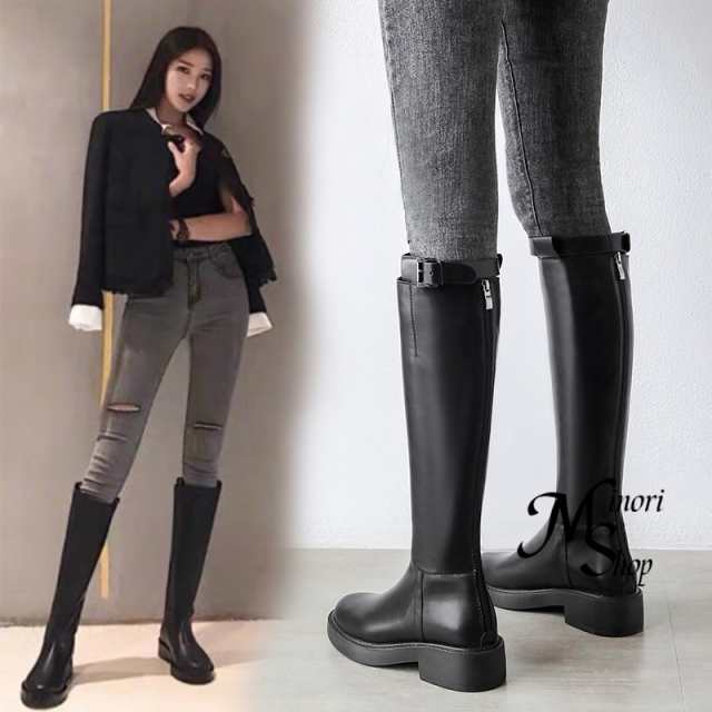ロングブーツ レディース 厚底 ローヒール 歩きやすい 黒 美 ジョッキーブーツ ブーツ ワイド サイドストレッチ 大きいサイズ 長靴 