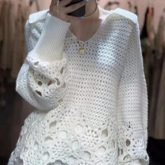 トップス ニット カットソー クロシェ きれいめ カジュアル ナチュラル フェミニン 長袖 おしゃれ プルオーバー Vネック 透かし編み ゆったり シンプル 可愛い 