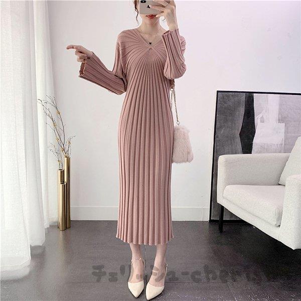 ニットワンピース レディース 秋 冬 30代 20代 新品 きれいめ ロング丈 長袖ワンピース カットソー 大きいサイズおしゃれ Vネック ニットセーター 着痩せ 上品 