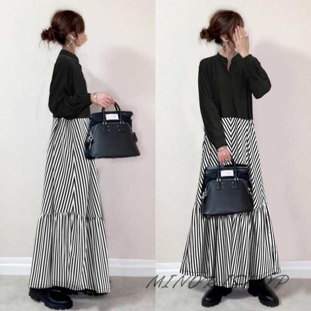 ワンピース レディース 春 秋 長袖 ロングワンピース切り替えワンピ ゆったり マキシ丈 可愛い 通学 秋服 通勤 体型カバー 