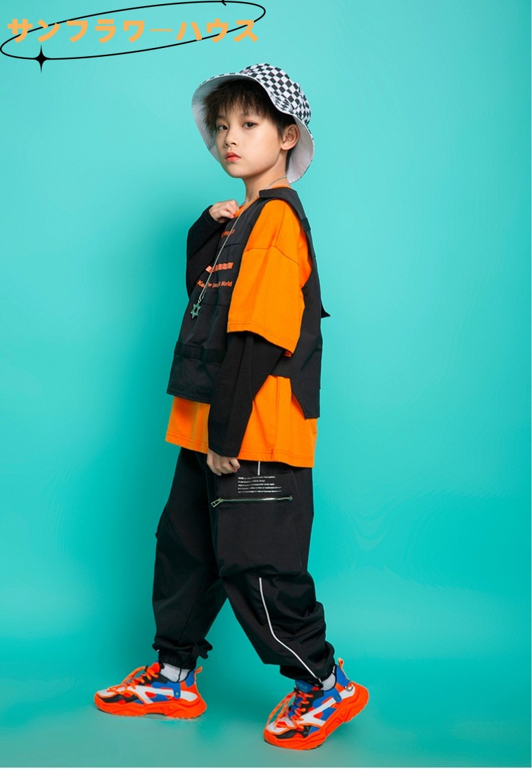キッズダンス 衣装 セットアップ ヒップホップ ファッション ダンス衣装 韓国 オレンジ K-POP 黒 女の子 黄緑 男の子 ズボン 