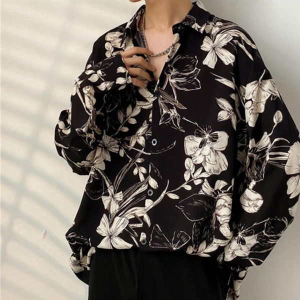 あり 柄シャツ ボタニカル柄 長袖シャツ 和風 レトロ シャツ 花柄 衣装 韓国ファッション 大きいサイズ秋服 トップス ダンス 黒 セピアブラック 