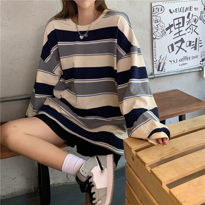 トレーナー レディース ゆったり スウェット カットソー 長袖 可愛い おしゃれ 大きいサイズ ストライプ プルオーバー カジュアル Tシャツ ビッグシルエット 