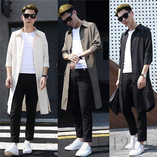シャツ メンズ 長袖 春物 春服 トレンチコート サマーコート アウター かっこいい ロング丈 スリム カジュアル コットン 細身 メンズファッション トップス 