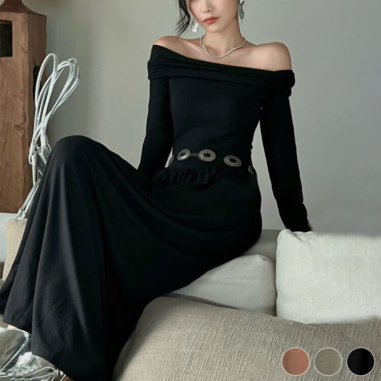 ワンピース レディース 韓国 ロング ストレッチ オフショルダー 長袖 切り替え フィット ロングワンピース セクシー スラッシュドネック 
