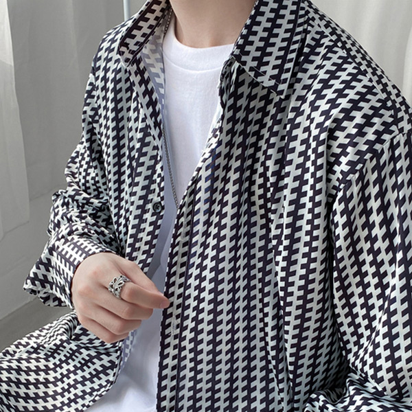あり 柄シャツ 幾何柄 ストライプ柄 長袖シャツ 白 大きいサイズ 韓国 シャツ 秋服 ヒップホップ ビッグシルエット 黒 春服 衣装 ダンス 個性的 総柄 服 