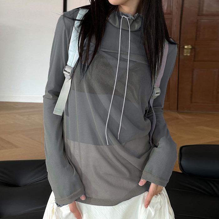 Tシャツ レディース 長袖Tシャツ 長袖 シースルー 透け感 トップス カジュアル 通気性 ボトルネック メッシュ セクシー 薄手 
