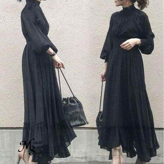 ロングワンピース ワンピース レディース 春 40代 キレイめ オシャレ シフォン 秋 黒ワンピース 結婚式ドレス マキシ丈ワンピース 長袖 