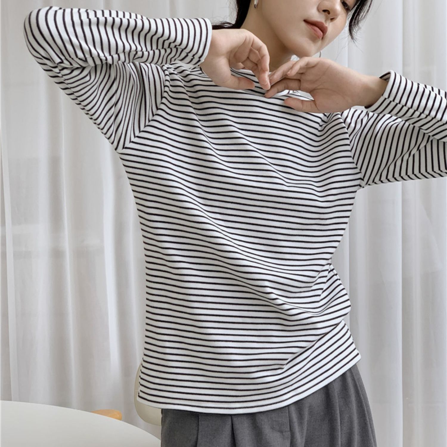 レディース 春 夏 秋 トップス Tシャツ 通勤 ボーダー 長袖 クルーネック フレアスリーブ カットソー ロングスリーブ オフィスカジュアル 