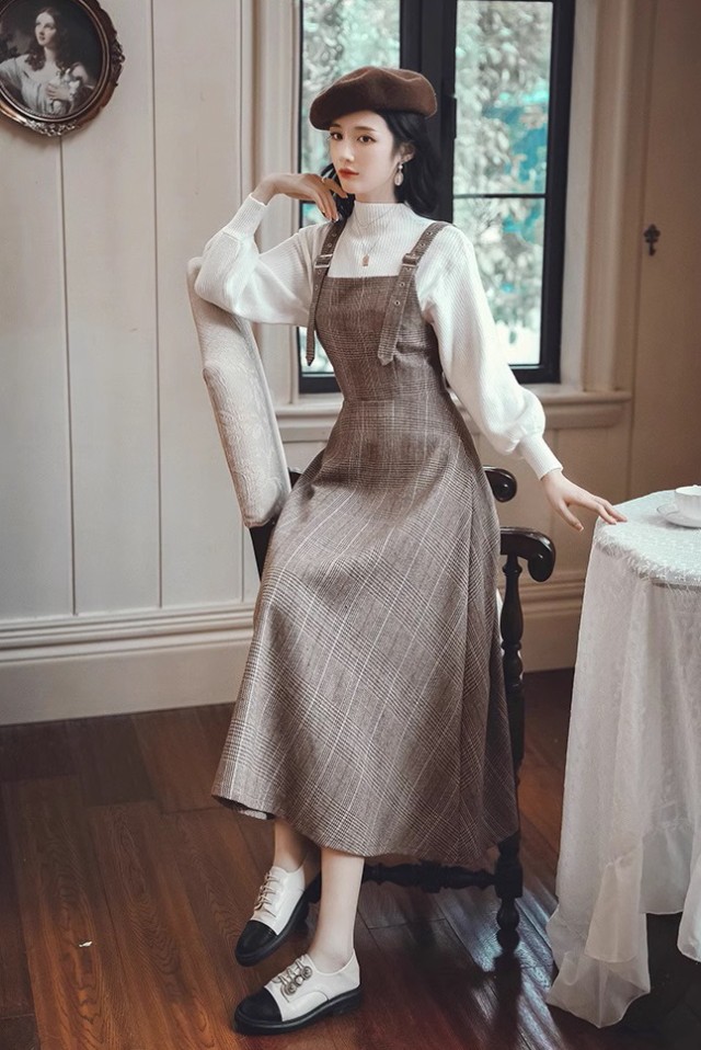 コーデセット レディース ジャンパースカート ロング セットアップ レディース モックネック グレンチェック ワンピース 長袖 大きいサイズ リブニット 韓国 