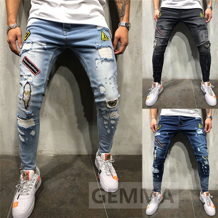 送料無料 ジーンズ メンズ ジーパン デニムパンツ ダメージ加工 Gパン アンクル丈 ストレッチ クスキニー カットデニム スリムパンツ 