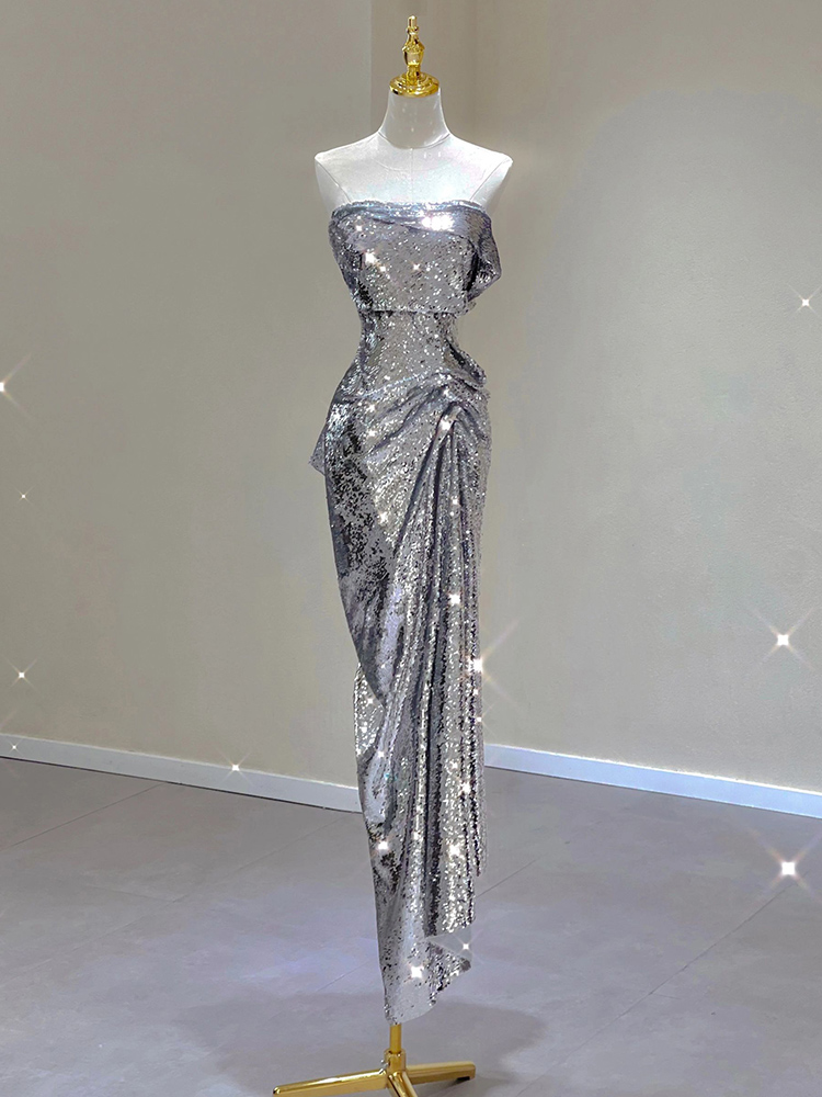 新作絶品！シルバー イブニング ドレス二次会 ワンピース パーティードレス 結婚式 旅行 舞台 発表会 撮影 コンサート 