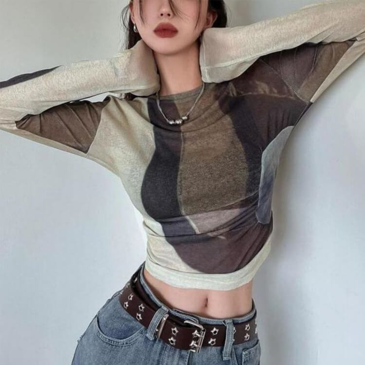 Tシャツ レディース 長袖 柄 韓国 メッシュ 春 おしゃれ プリント 夏 個性的 ストリート 秋 トップス カジュアル バイショート丈 