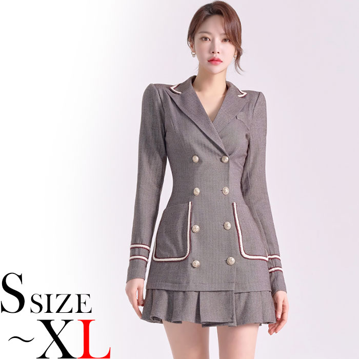 襟付きカシュクール胸元 ダブルボタンスーツ風ショートワンピース グレー キャバ スナック 服 韓国 レディース 