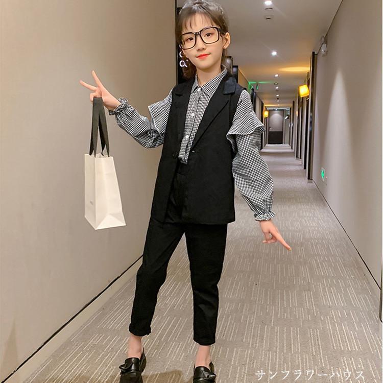 入学式 パンツスーツ 女の子 チェック 柄 フォーマルスーツ パンツ 発表会 160 3点セット 110 キッズ ベスト 韓国 卒業式 子供服 子供スーツ ブラウス ピアノ 