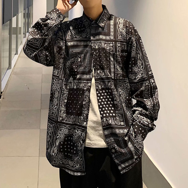 あり 柄シャツ ペイズリー柄 バンダナ柄 長袖 黒 衣装 個性的 春服秋服 ダンス トップス ヒップホップ 韓国ファッション シャツ ブラック 大きいサイズ 