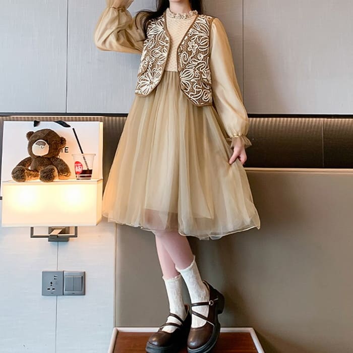 小学生 女の子 ベスト付き ワンピース ドレス 2点セット 長袖 フォーマル 可愛い カジュアル きれいめ ガー発表会 春秋 ワンピース 韓国 