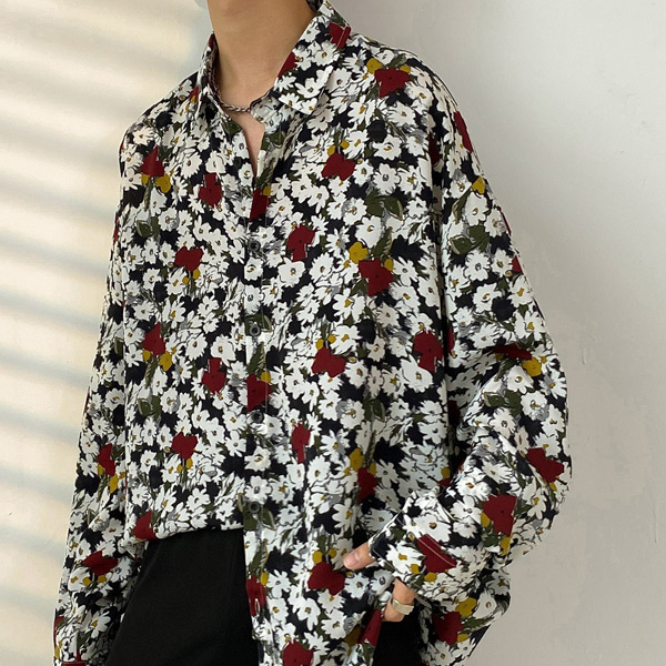 あり 柄シャツ 花柄 長袖シャツ レトロ フラワー柄 ボタニカル柄 大きいサイズ ダンス 韓国ファッション ブラック 黒 衣装 トップス 春服秋服 シャツ 