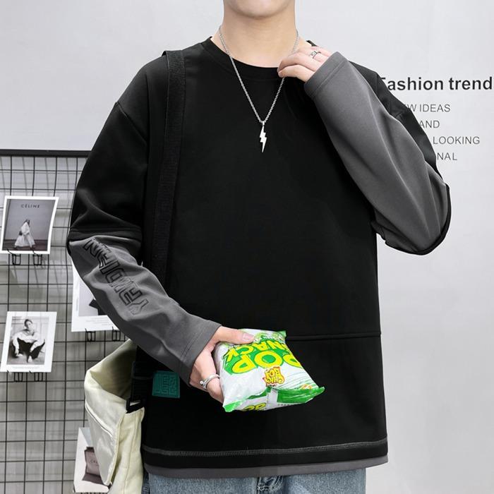 トレーナー レイヤード風Tシャツ 重ね着風 メンズ トップス 切り替え オシャレ クルーネック 長袖 プルオーバー スウェット 