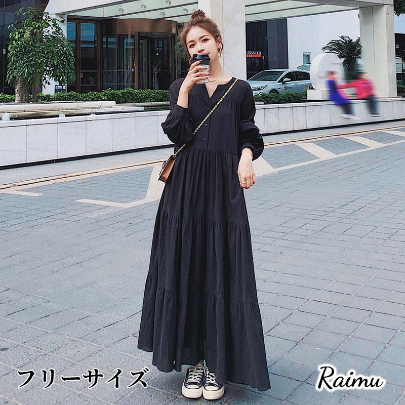 ワンピース レディース マキシ丈ワンピース 長袖 おしゃれ きれいめ 冬 黒ワンピ Vネック ゆったり 春夏秋 揺れる きれいめ 可愛い 着痩せ 上品 