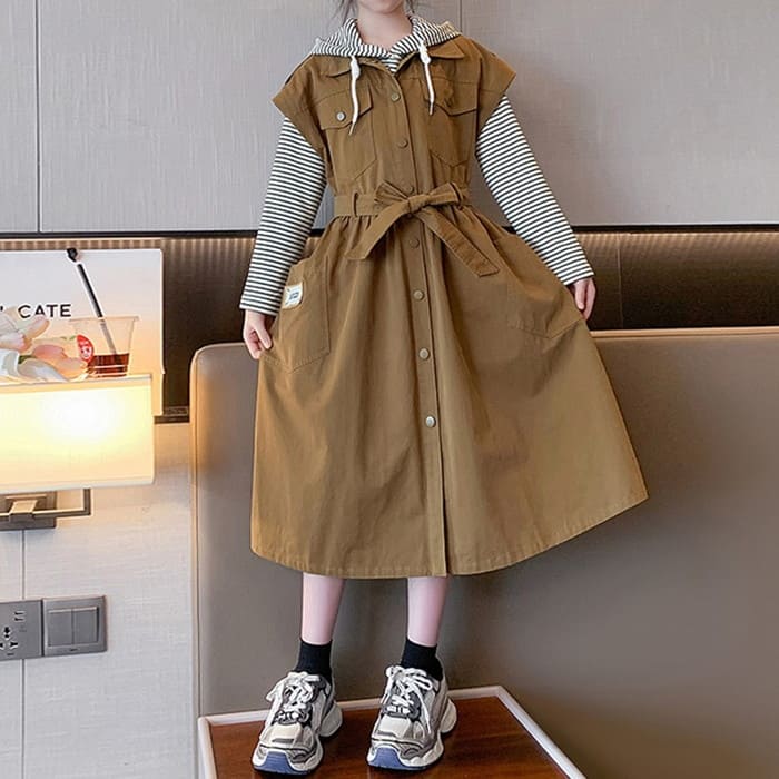 小学生 セットアップ キッズ 女の子 ボーダーワンピース 2点セット 可愛い カジュアル 通学 長袖 春秋 韓国 ツーピース ガーダンス 