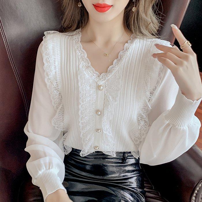 ニットトップス ニットブラウス レース レディース Vネック シフォン シアースリーブ ニット トップスぽわん袖 長袖 