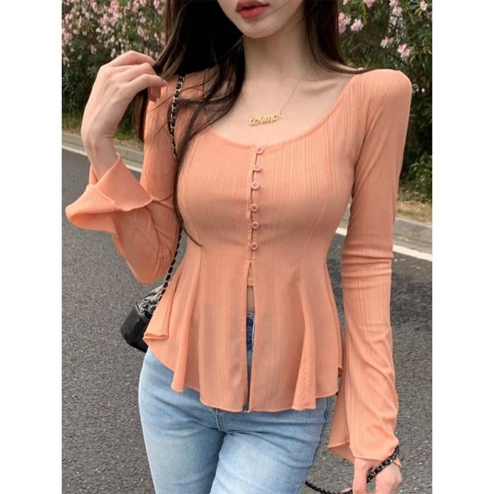 Tシャツ レディース 長袖Tシャツ アシンメト裾 長袖 クルーネック セクシー トップス カジュアル 大人 フェミニン 