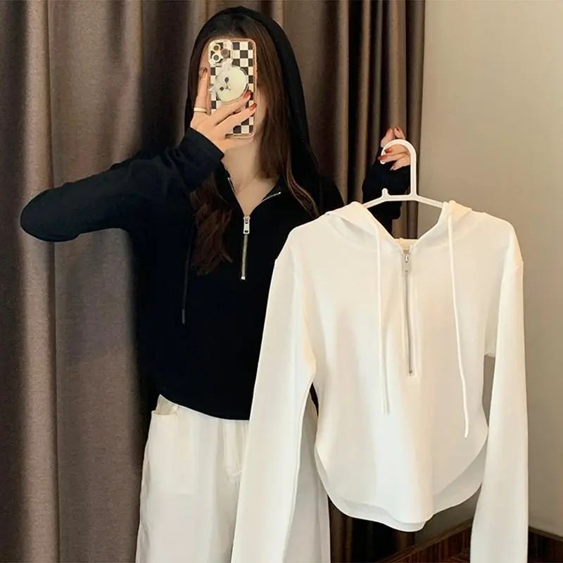 長袖 レディース プルオーバー ハーフジッパー トップス 長袖Tシャツ カットソー 着まわし 韓国ファッシ 春秋 シンプル ショート丈 細身 