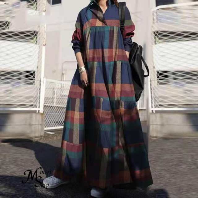シャツワンピース ワンピース レディース ロング丈 シャツワンピ 40代 体型カバー マキシワンピ 大きいサイズ チェック柄 ゆったり 長袖 