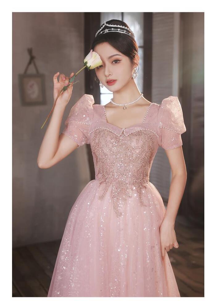 イブニングドレス ピンク キラキラドレス 結婚式ドレス 二次会ドレス パフスリーブ パール プリンセス風 ロングドレス 発表会ドレス パーティードレス 