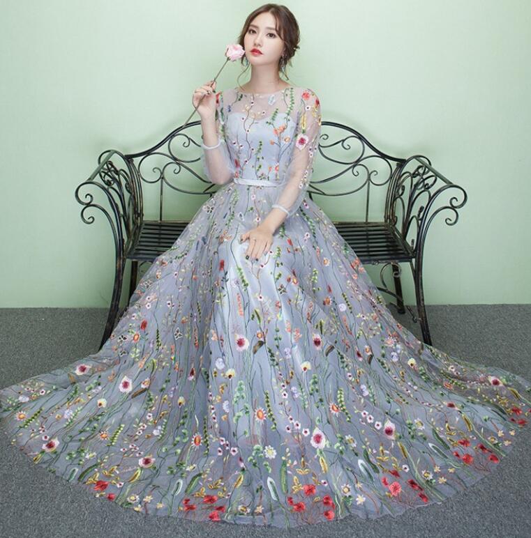 ワンピース レディース チュールドレス 刺〓柄 花柄 イブニングドレス 披露宴 フレアドレス パーティードレス 花嫁 演奏会 コンサート フォーマル 